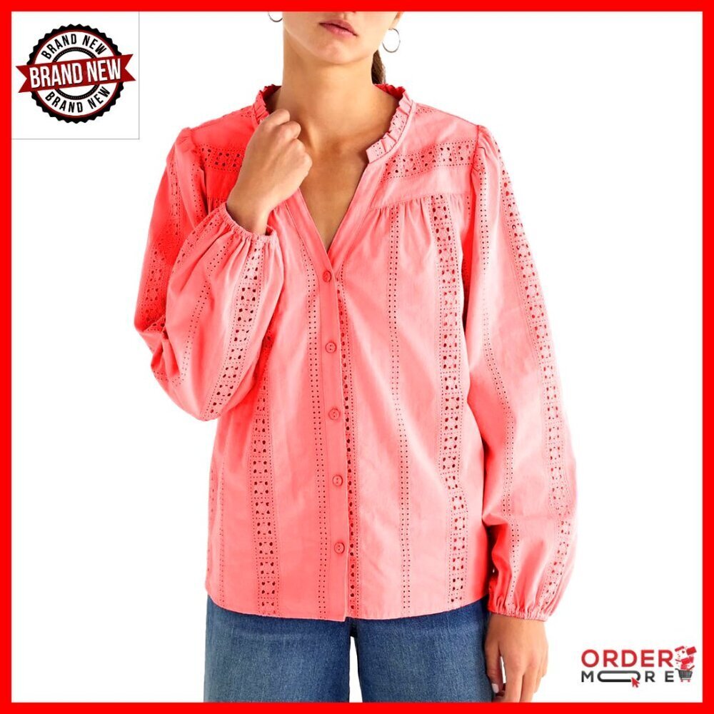 Long Sleeve Button Down Blouse with Crochet Trim Bohemian Work Casual Top